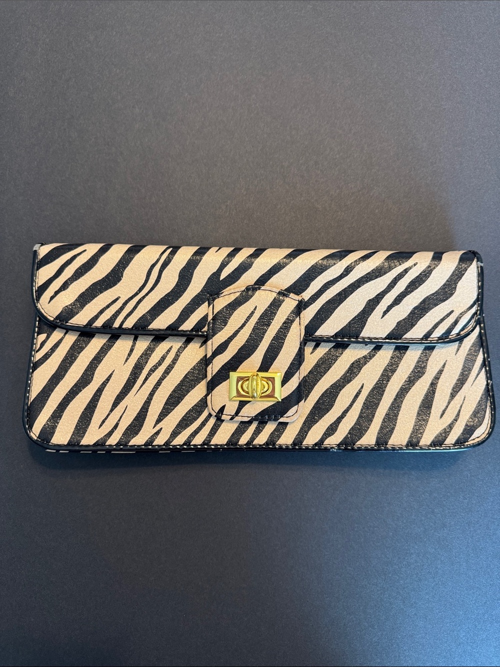 J.Renee Zebra-Print Clutch in Black and Cream with Gold Hardware